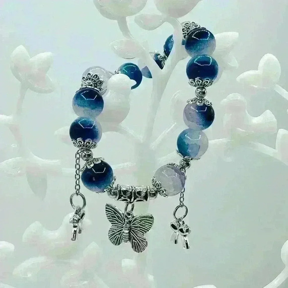 Blue Berry Gradient Glass Bead Bracelet with Butterfly Charms - Picture 1 of 5
